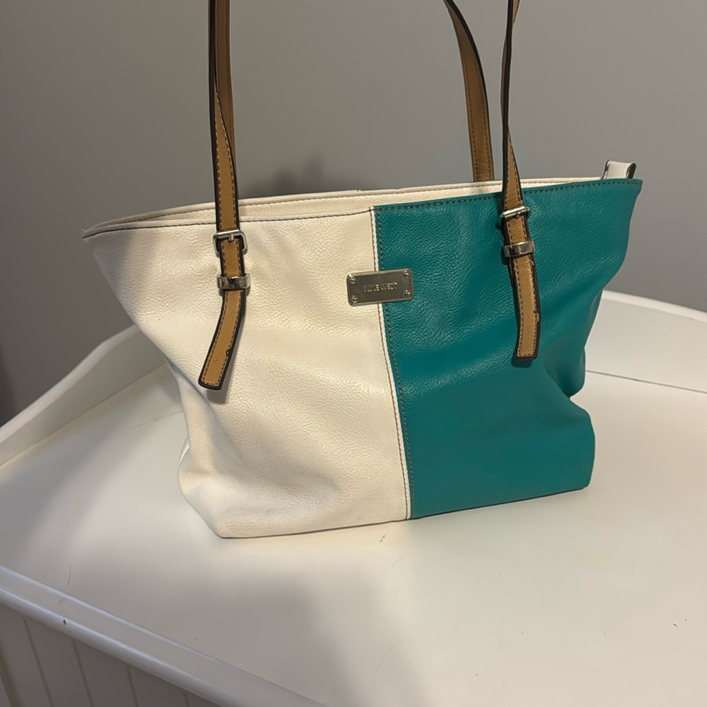 Nine West White And Blue Structured Tote Bag